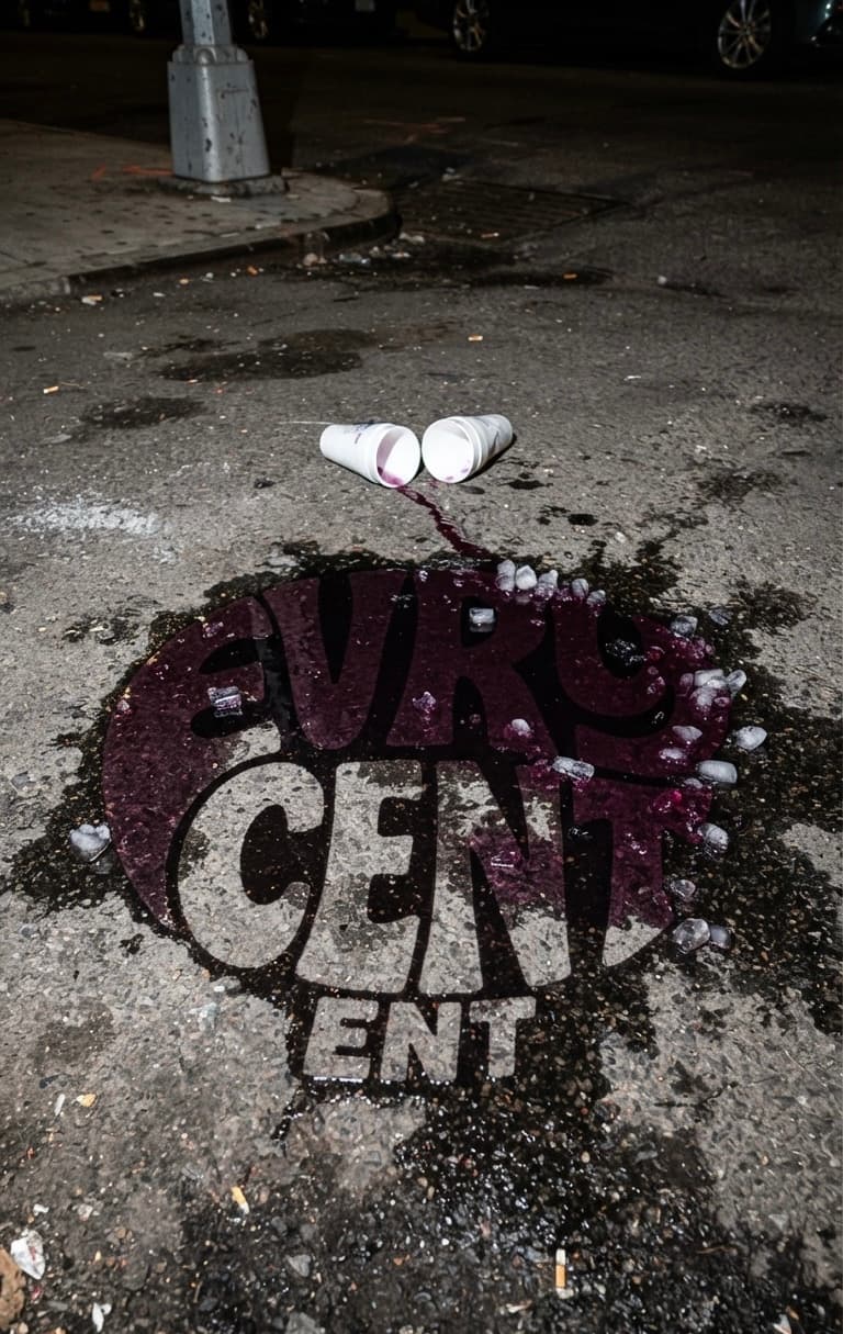 EVRY CENT ENT spray-painted in a street puddle at night